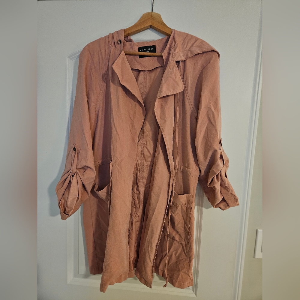 Love Tree Lightweight Pink Drape Front Jacket - Roll Tab Sleeves